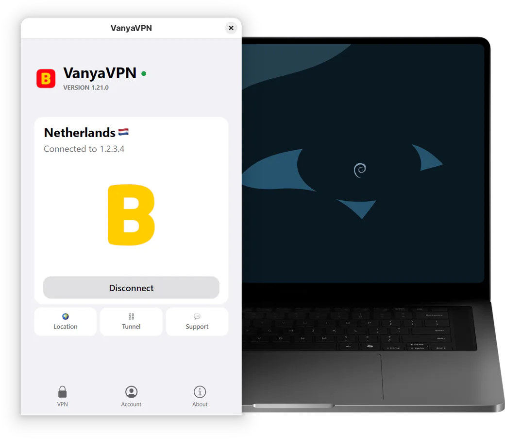 The VanyaVPN window on a Debian laptop: connected, location Netherlands